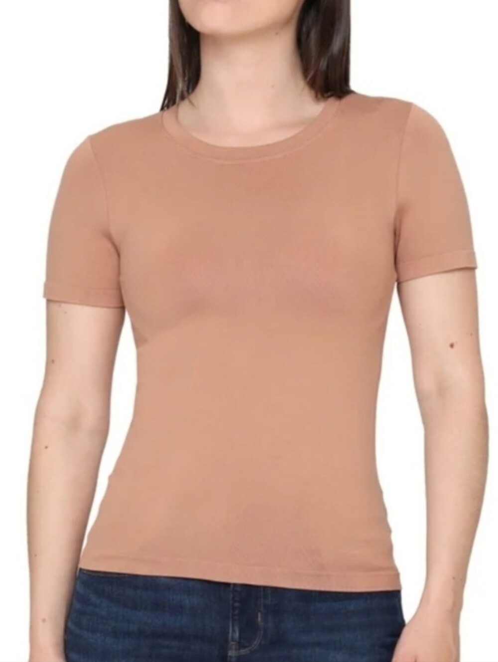 Tahari Smooth Tee Tan  Brown Stretch Short Sleeve Womens Size Large Neutral NWOT